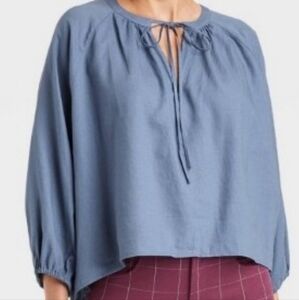 Women's Raglan Long Sleeve Tie-Front Top A New Day Blue Size Small